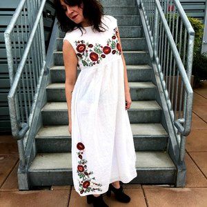 Zara White Maxi Dress with Red & Green Floral Embroidery